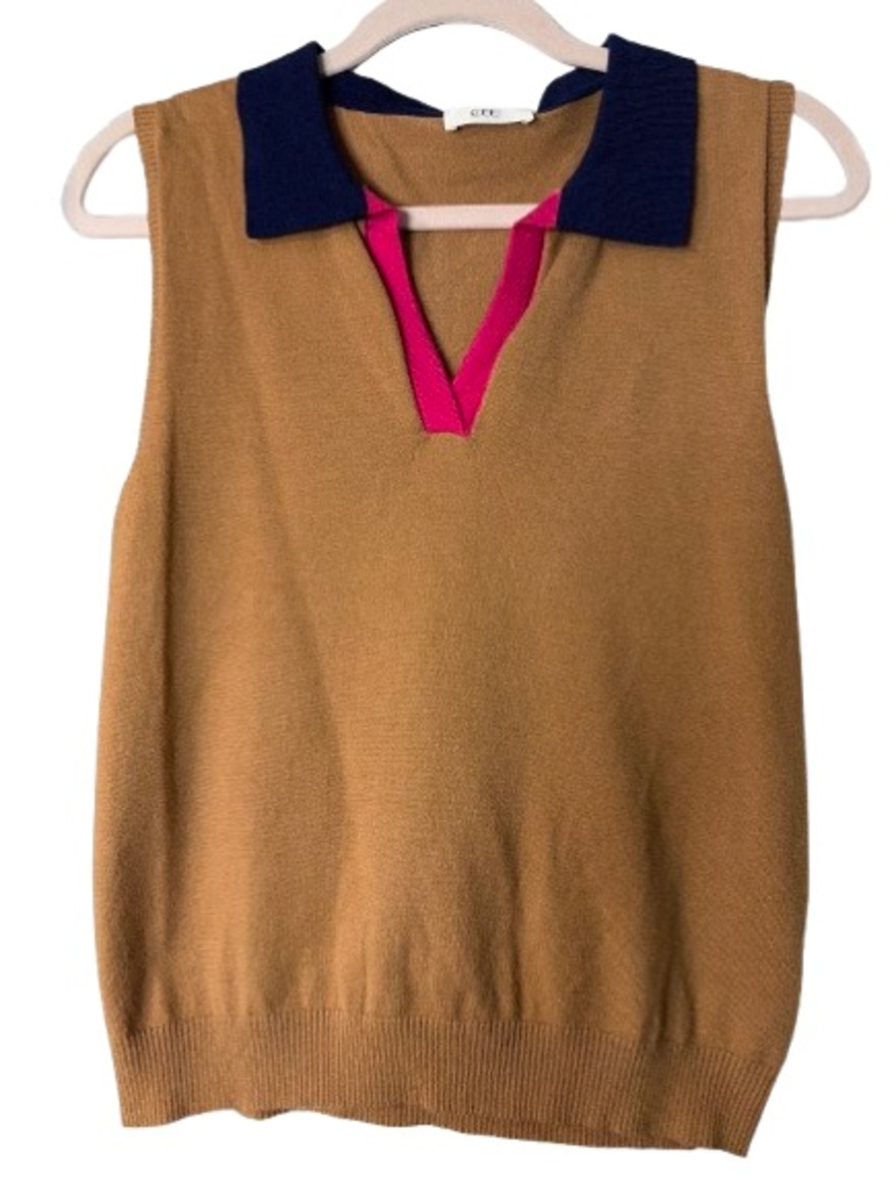 OTTO Women's V-Neck Sweater Vest in Camel with Navy Collar and Pink Trim, small